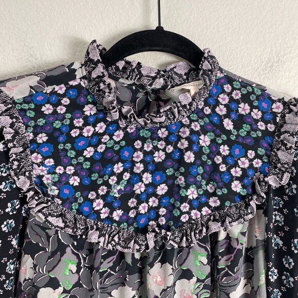 Rebecca Taylor Womens 4 Mix Floral 100% Silk Blouse Long Sleeve Ruffle High Neck - Picture 8 of 11